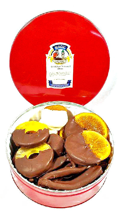 2 Lb Dark Chocolate Dipped Glace Fruit Tin